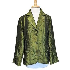 Chicos Blazer size 1 M Olive Green Crinkled Satin Metallic Evening Jacket